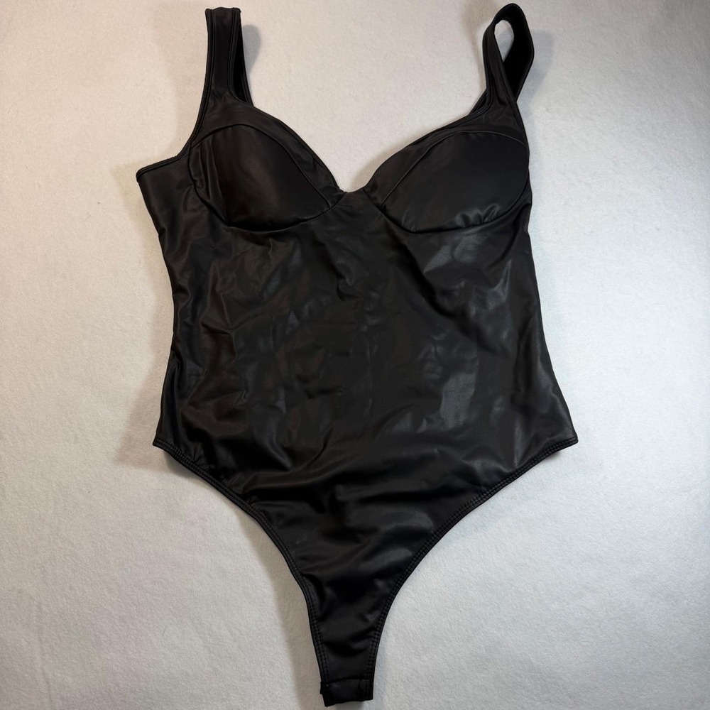 AKIRA Black Faux Leather Bustier Bodysuit Size L Y2K Moto Nightlife AK-7443-1